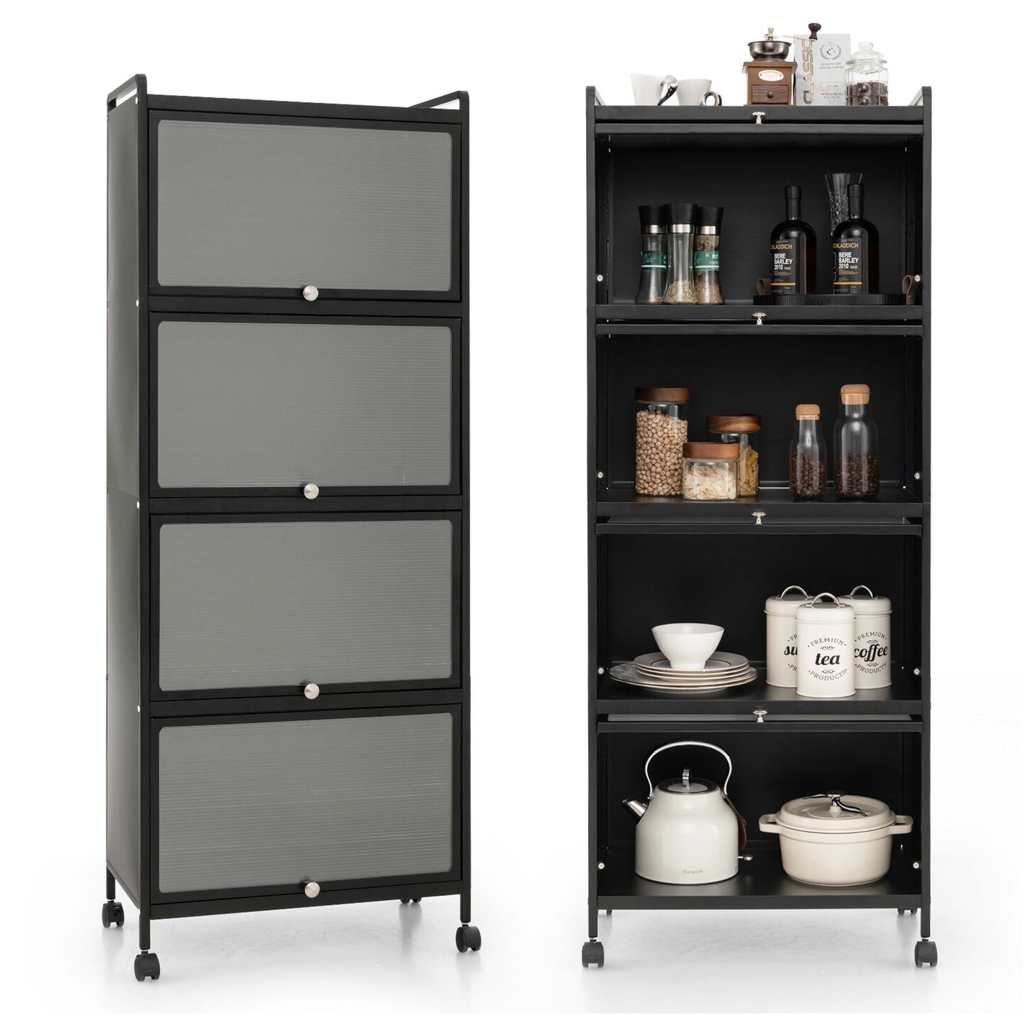 Costway 5-Tier Kitchen Baker&#x27;s Rack Storage Cabinet Mobile Microwave Stand Flip-up Doors White/Black
