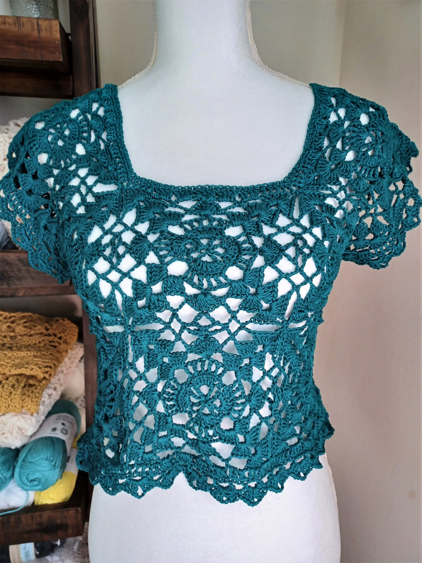 HANDMADE - TEAL CROCHET LACE FLORAL TOP | MakerPlace by Michaels