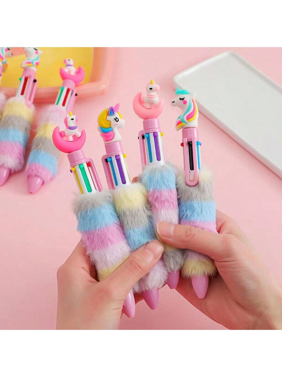 1Pc Girls&#x27; Cartoon Unicorn Plush Ballpoint Pen, Children&#x27;S Cute 6 Colors Push Button Stationery Pen for Journal &#x26; Drawing(Random Style)