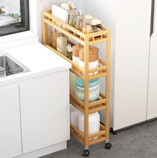 DailyNec 4-Tier Bamboo Kitchen Rolling Cart Removable Wood Trolley Island Cart, Utility Cart Multi-Layer Storage Shelf Rack with Wheels