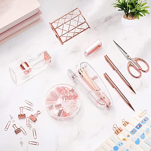 Famassi Rose Gold Desk AccessoriesOffice Supplies Set Acrylic Stapler Set Staple Remover, Tape Holder, Pen Holder, 2 Ballpoint Pen, Scissor, Binder