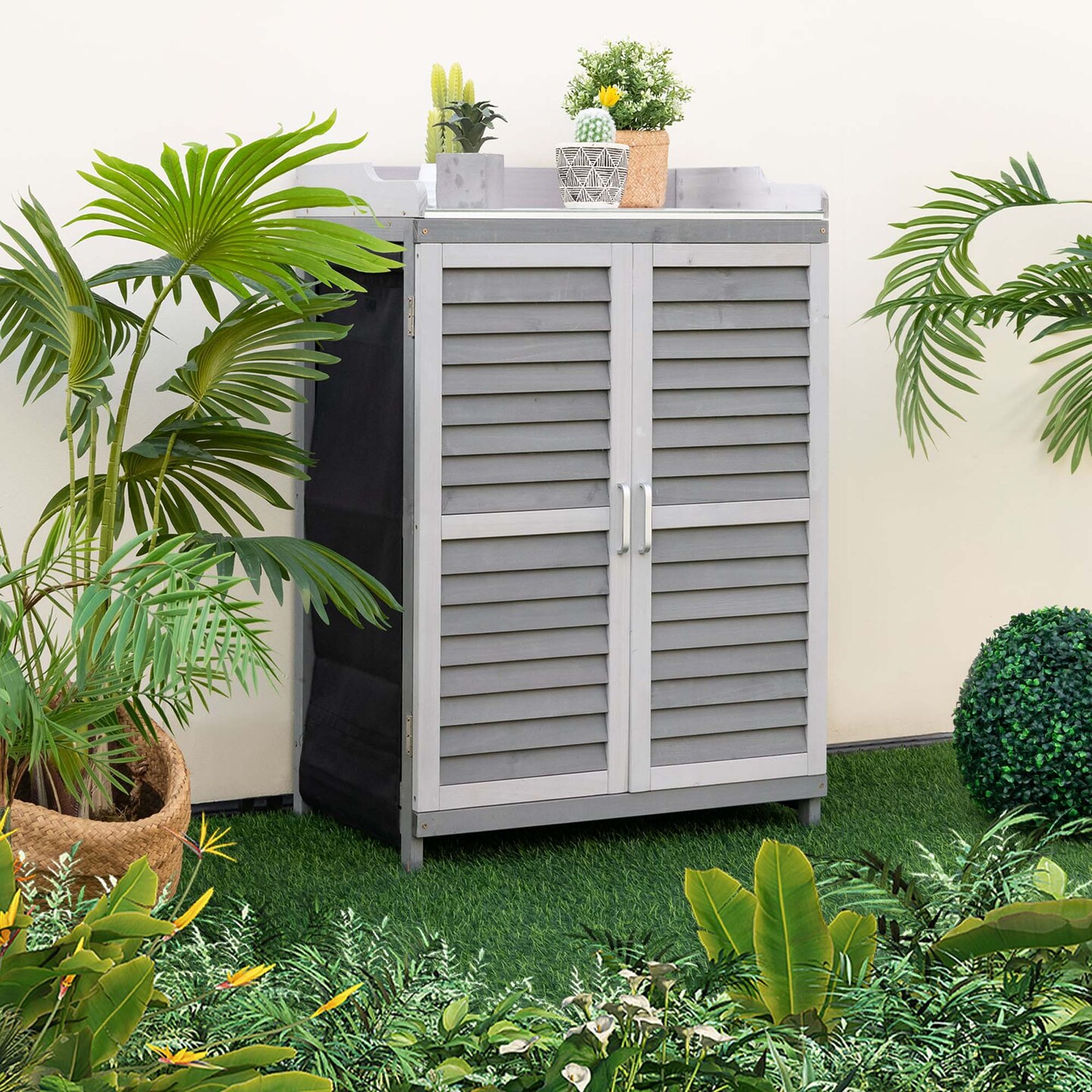 Costway Outdoor Potting Bench Table, Garden Storage Cabinet with Metal Tabletop