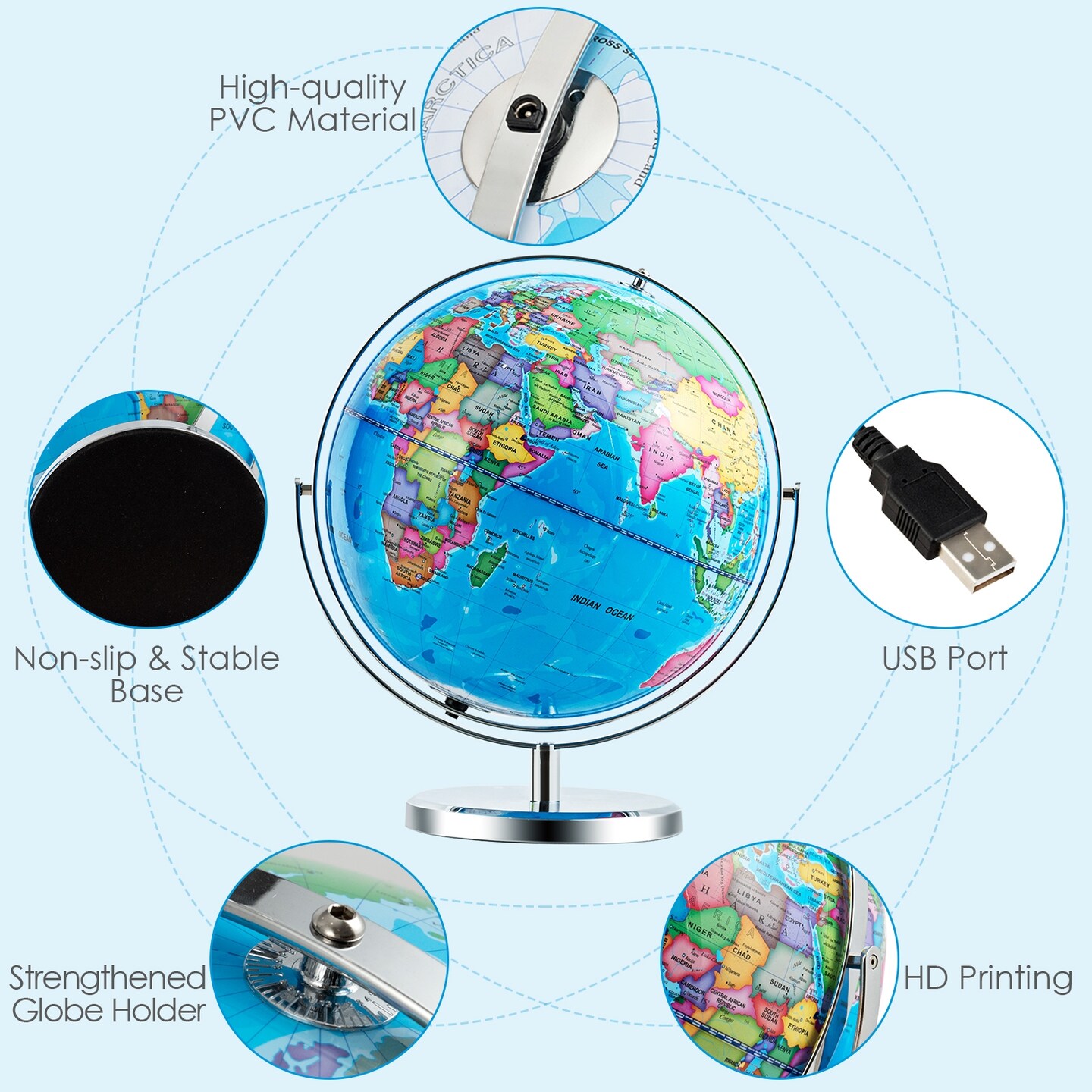 13&#x22; Illuminated World Globe 720&#xC2;&#xB0; Rotating Map with LED Light