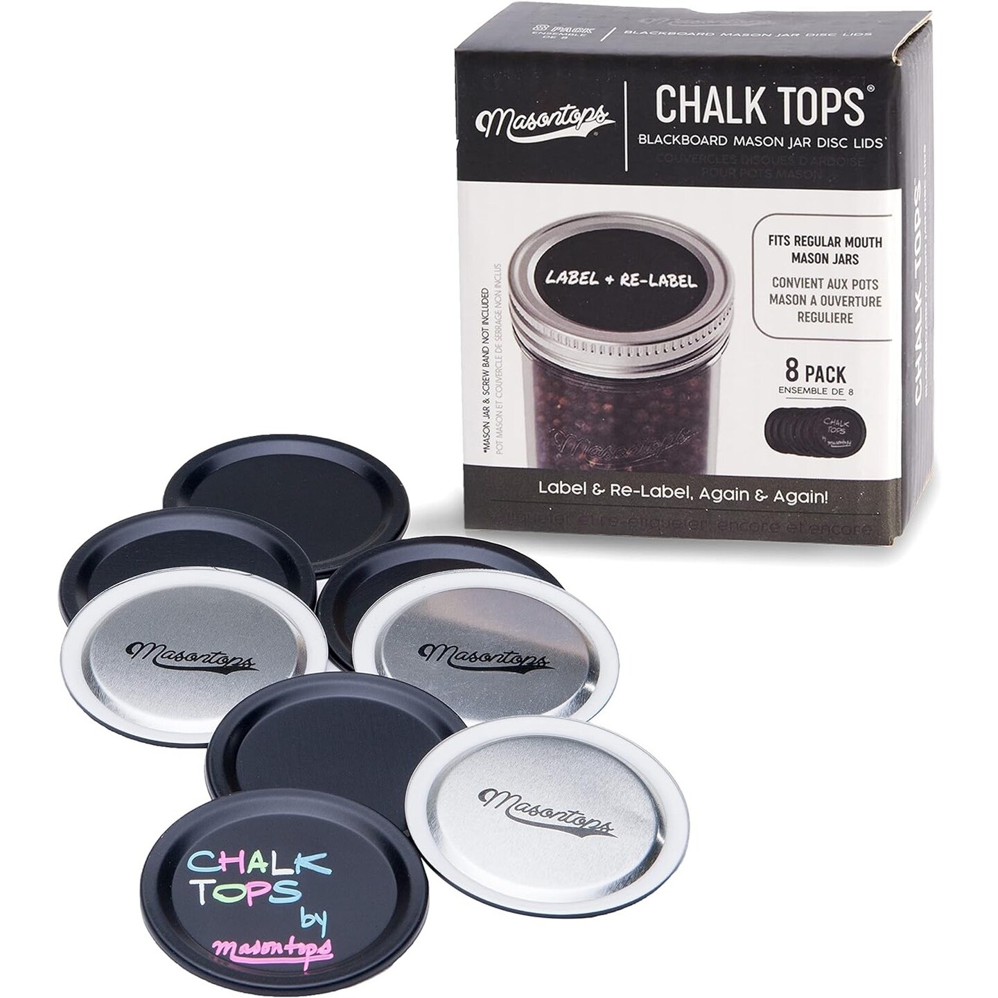 Chalk Tops - Reusable Chalkboard Lids for Mason Jars - 8 Pack - Regular Mouth
