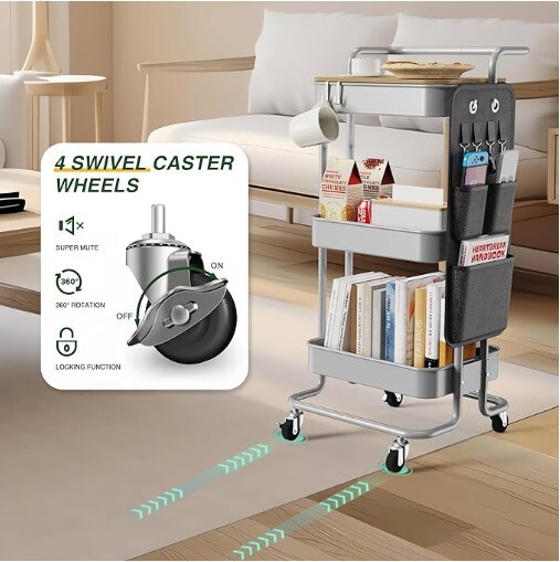 3 Tier Metal Utility Rolling Cart with Table Top and Side Bags, outlets Metal Tray.