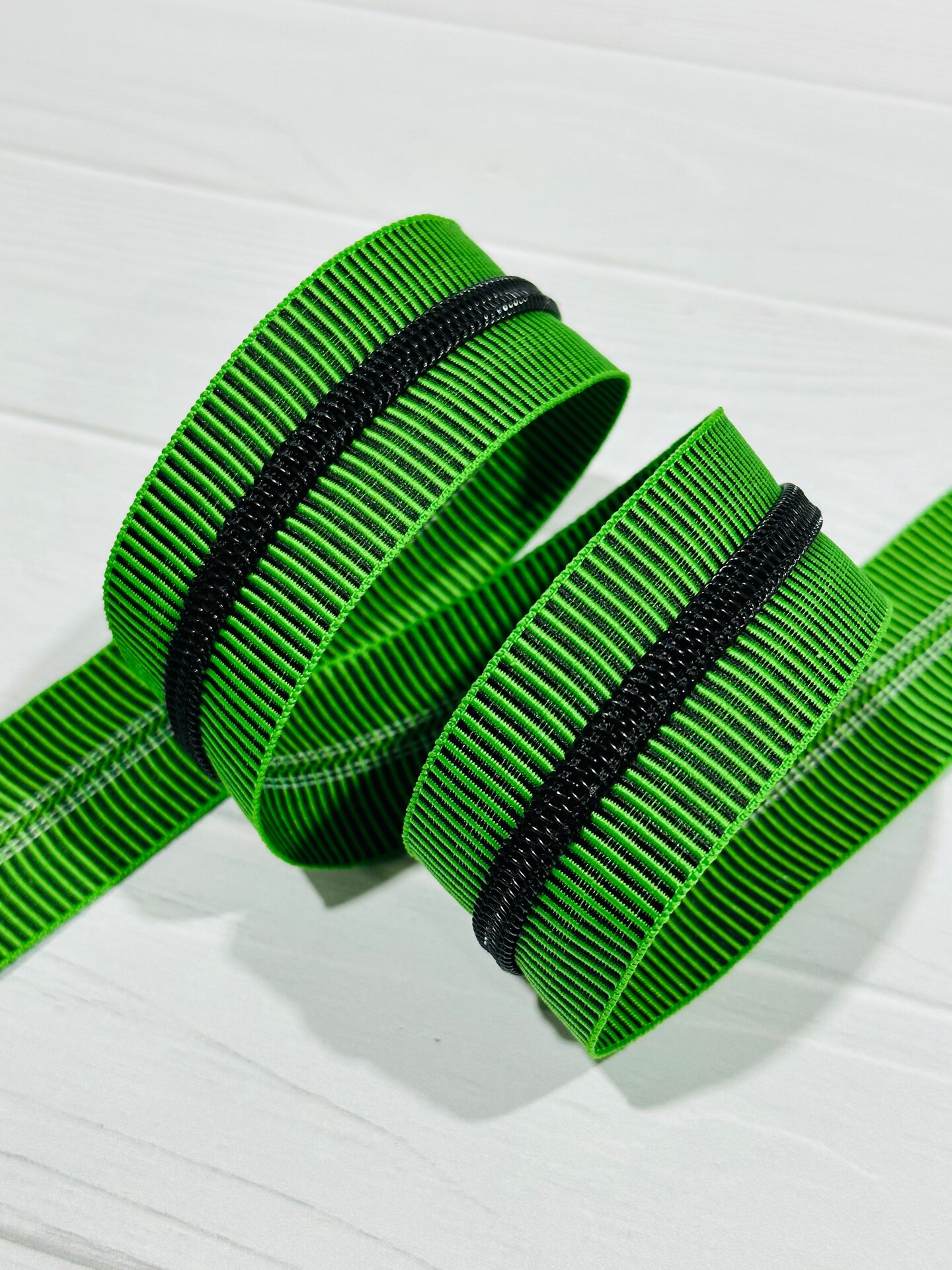 Lime and Black stripe with Black teeth Zipper Tape Michaels