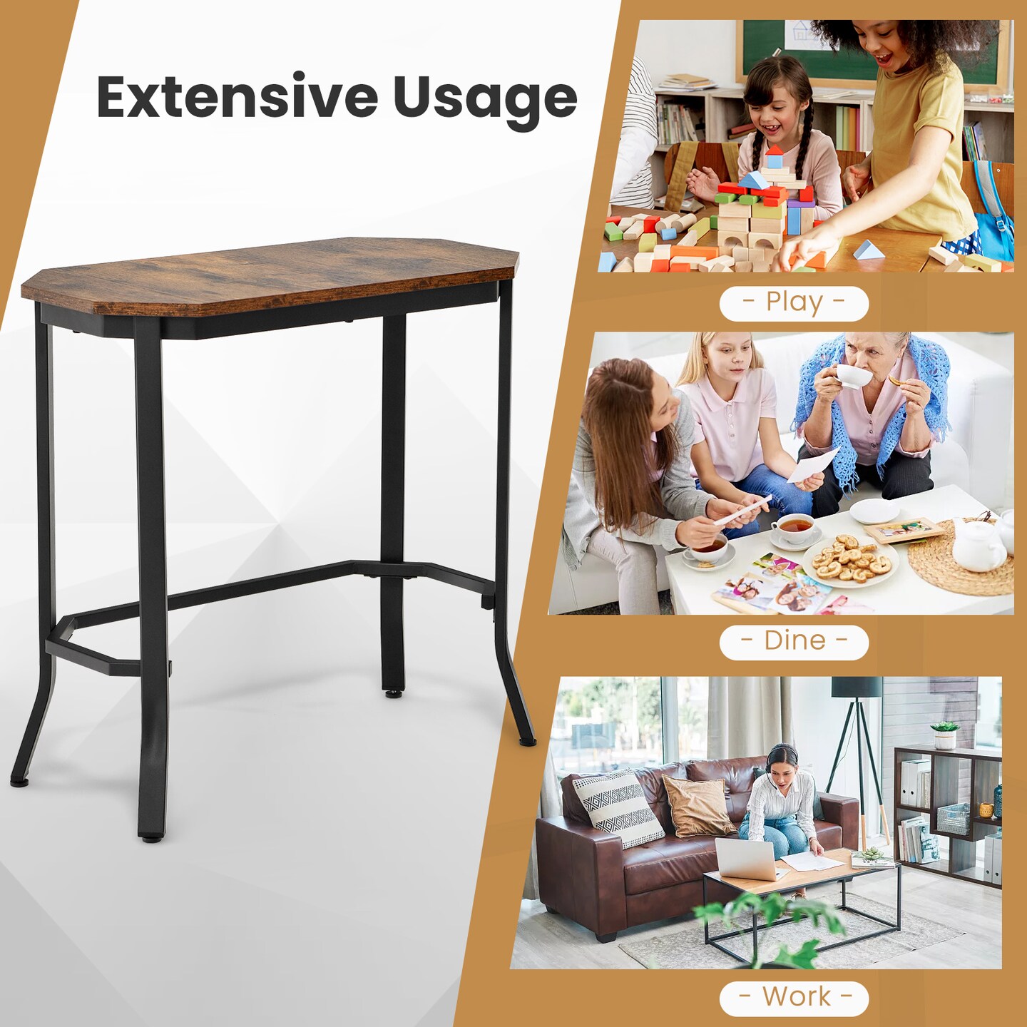 Rustic Brown Narrow Side End Table with Steel Frame Perfect for Living Room and Bedroom