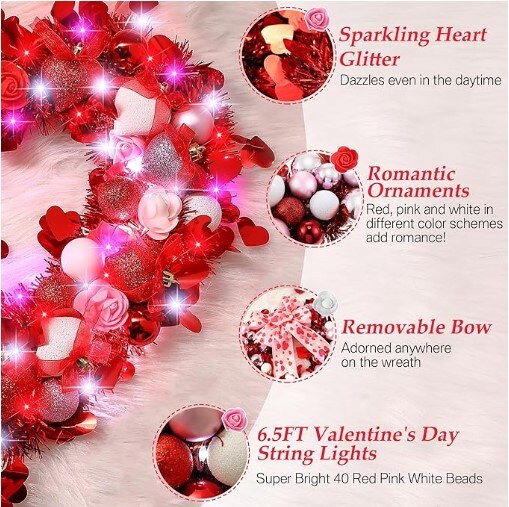 Lighted Valentine&#x27;s Day Wreath Heart Rose Wreath for Front Door Romantic Decor with Timer Light Up Rose Heart Wreath with Glitter Heart Red Pink White Lights for Valentine&#x27;s Day Wedding.
