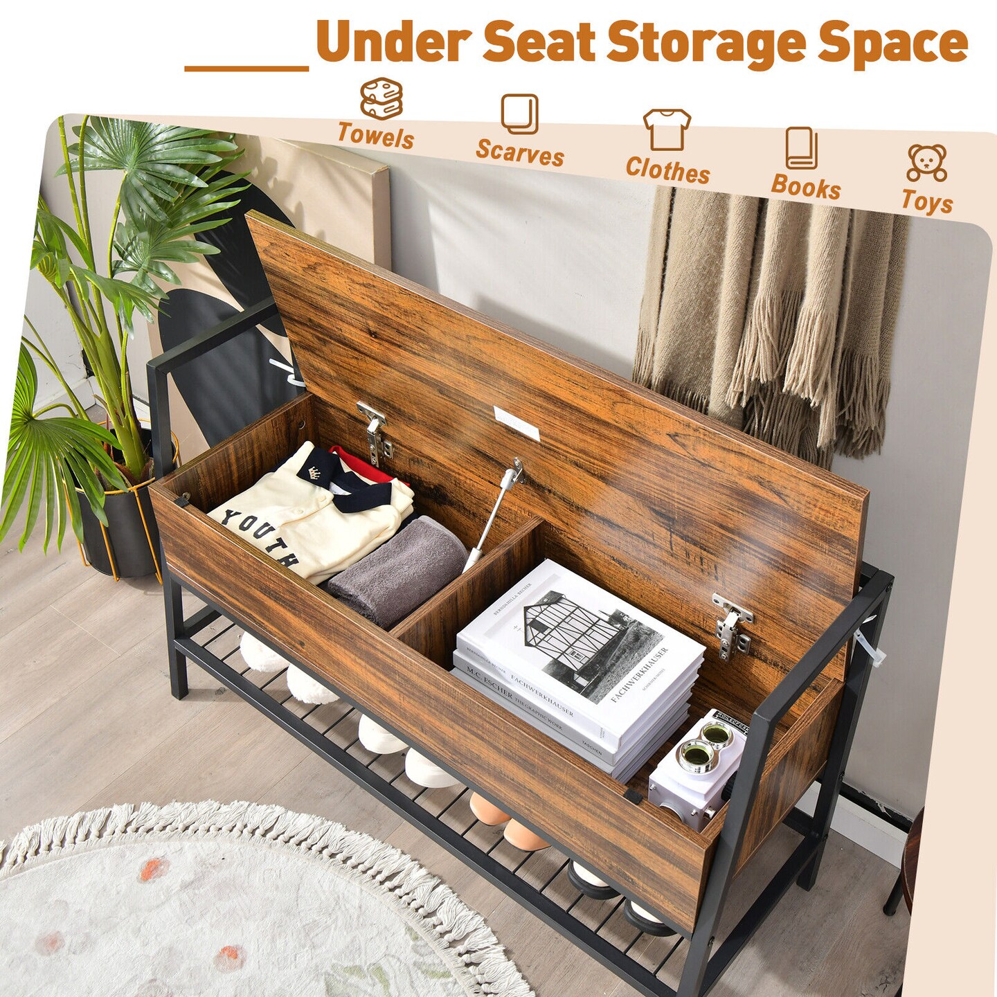 Rustic Brown Industrial Shoe Bench with Storage Space and Metal Handrail