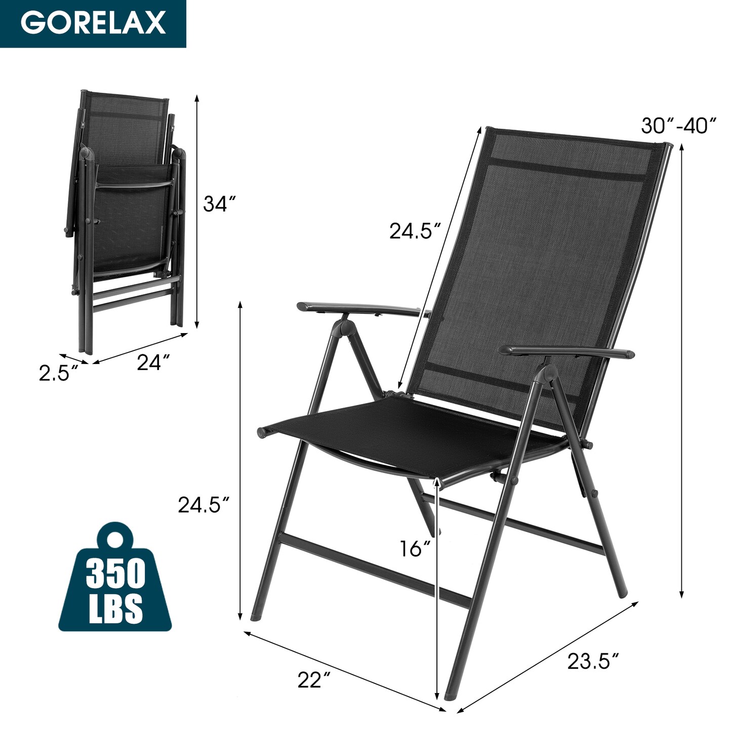 Set of 2 Adjustable Portable Patio Folding Dining Chair Recliner -Black