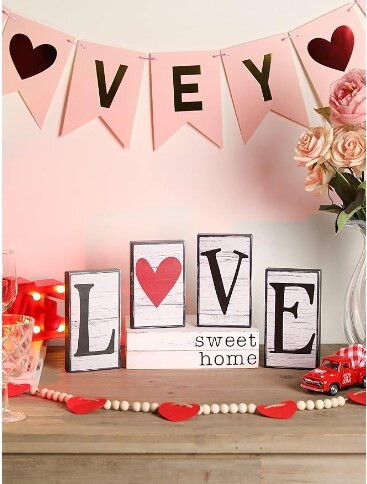 Valentine's Day Decor 4 Pieces Reversible St. Patrick's Day Wood Signs Tiered Tray Mantle Shelf Decor for Valentine Farmhouse Heart Shamrock Wood Blocks