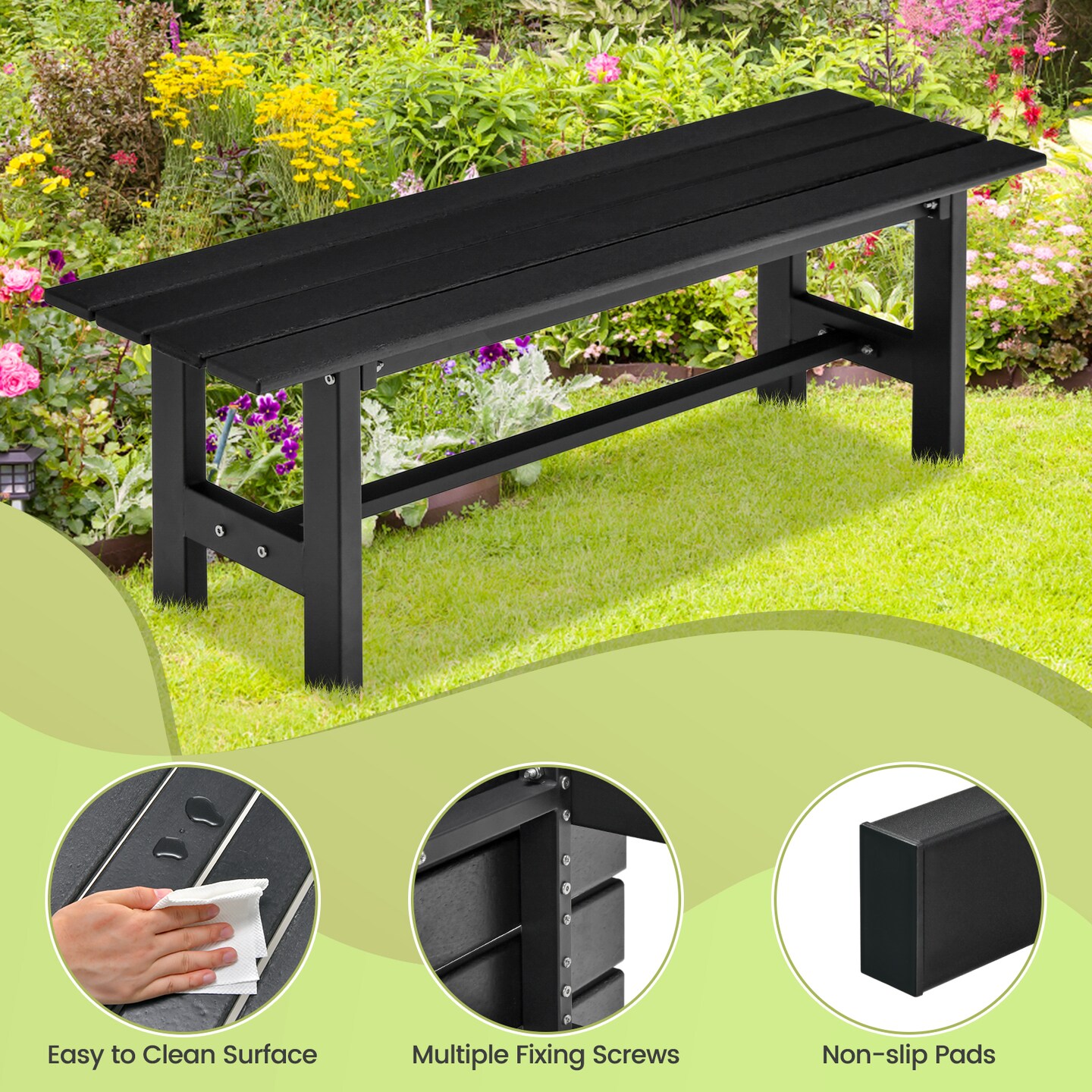 Costway 2PCS Outdoor HDPE Bench with Metal Frame 47'' x 14'' x 16'' for Yard Garden Brown/Black/Gray