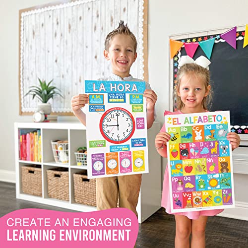 Hadley Designs 12 Spanish Educational Posters, Bilingual Learning Chart for Prek, Kindergarten & 1st Grade Kids, Classroom Decorations, Alphabet, Colors, Numbers, Months of the Year, Days of the Week