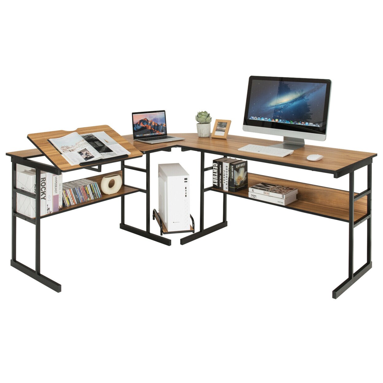 L-Shaped Computer Desk Drafting Table Workstation W/ Tiltable Tabletop