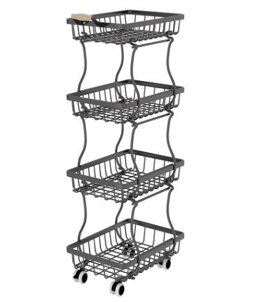 4-Tier Slim Fruit Basket, Wire Fruit Basket Stand Organizer for Snack Produce Onion, Potato, Fruit, Vegetable, Rolling Storage Rack on Wheels for Small Space in Kitchen