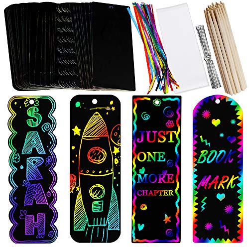 36 Pieces 4 Style Magic Scratch Rainbow Bookmarks Making Kit for Kids Students Party Favor Scratch Paper DIY Bookmarks Bulk with Scratching Tools Satin Ribbons for Classroom Activities