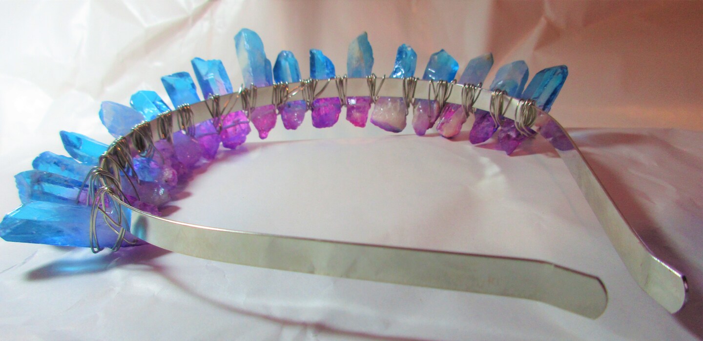 Iridescent Blue and Pink Ombre Rainbow Natural Crystal Tiara  display picture 2