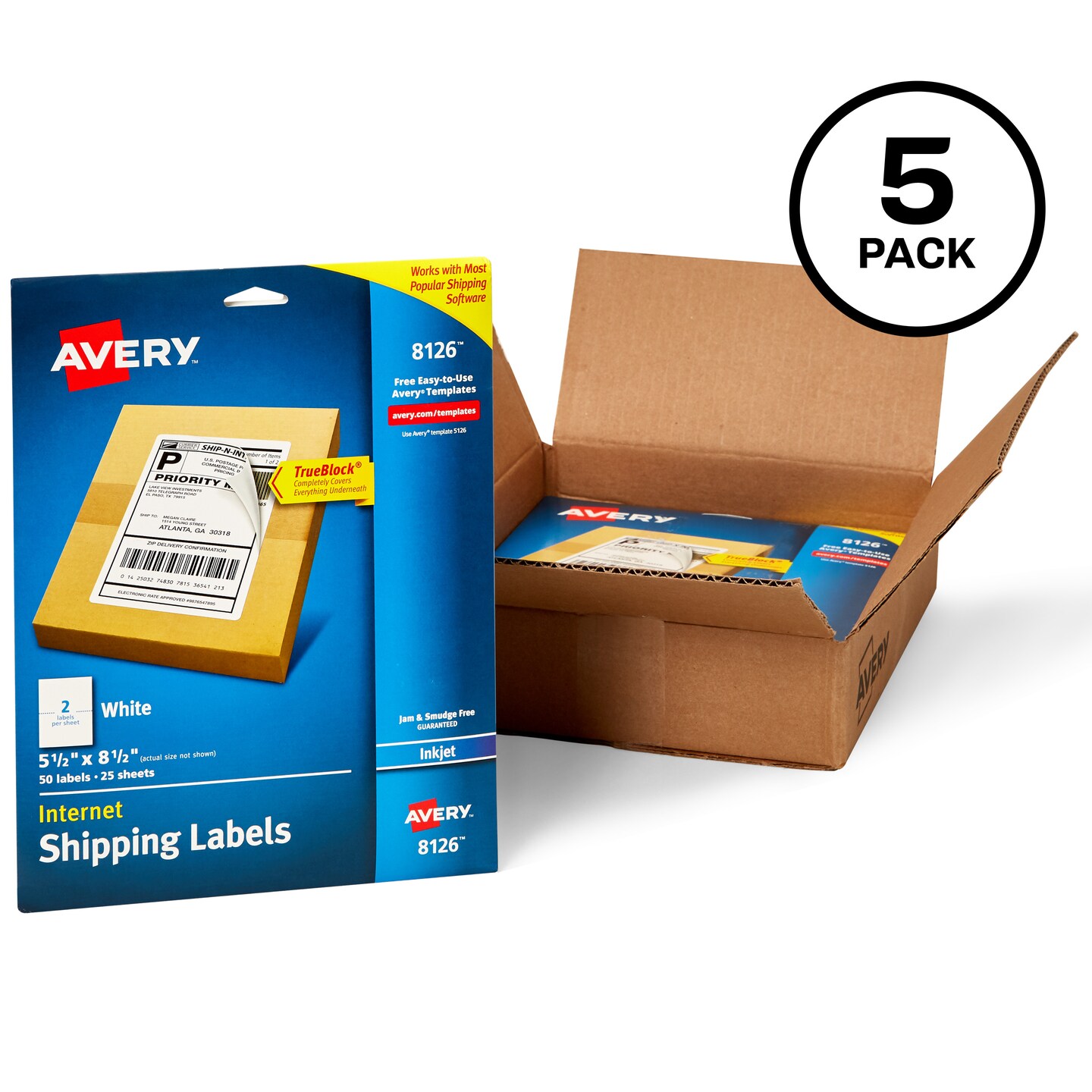 Avery Half-Sheet Printable Shipping Labels, 5.5&#x22; x 8.5&#x22; Customizable Stickers, White, 50 Blank Mailing Labels, Great for Mailing, Shipping, Organizing, and More, 250 Labels Total (5-Pack of 8126)