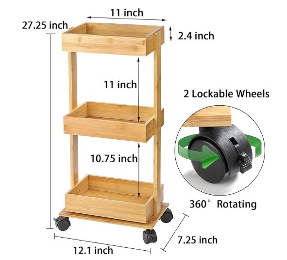 Slim Storage Cart, 3-Tier Bamboo Rolling Utility Cart Standing Rack on Wheel, Mobile Shelving Unit Organizer Serving Trolley Slide Out Cart for Office, Bathroom, Kitchen, Laundry Room and Narrow Place