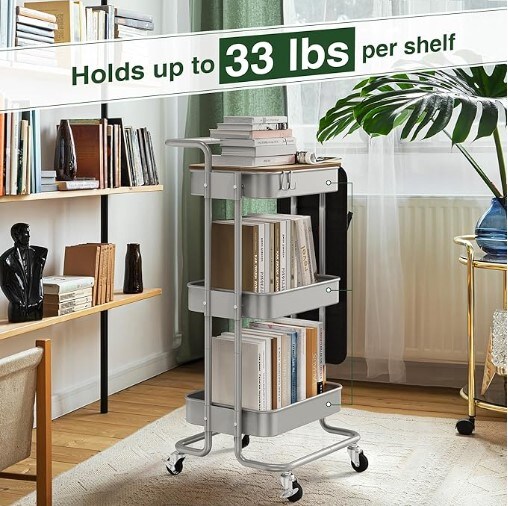 3 Tier Metal Rolling Cart with Table Top, Utility Cart with Wheels and Side Bags, Rolling Storage Cart for Teachers, Art Craft Cart with 4 Hooks for Kitchen, Bathroom, Office, and Classroom Gray