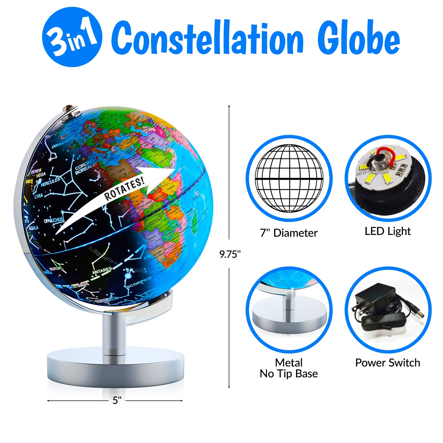 USA Toyz Illuminated Globe for Kids Learning - 7.2&#x22; Diameter