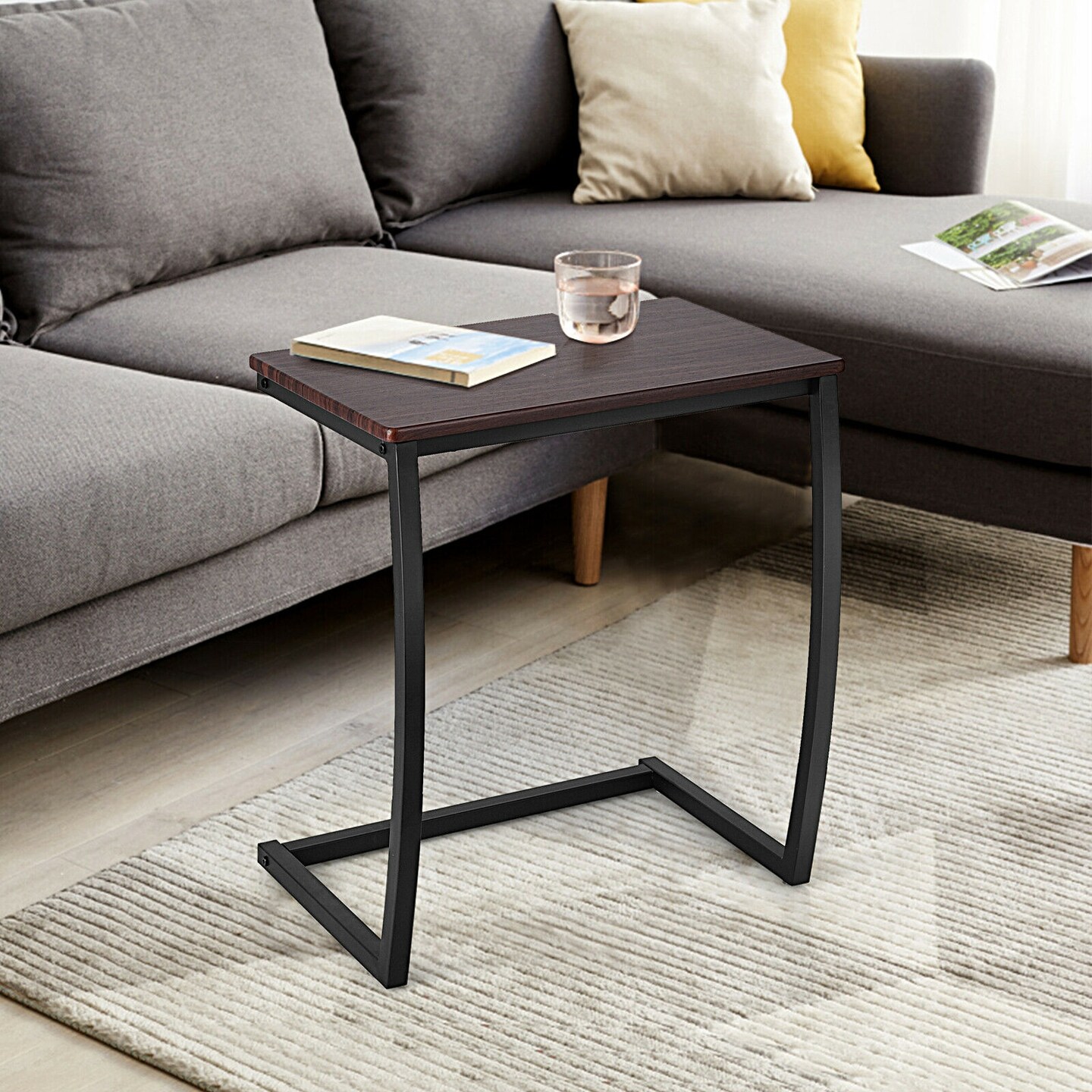 C-shaped Sofa Side End Table with Black Steel Tube Frame