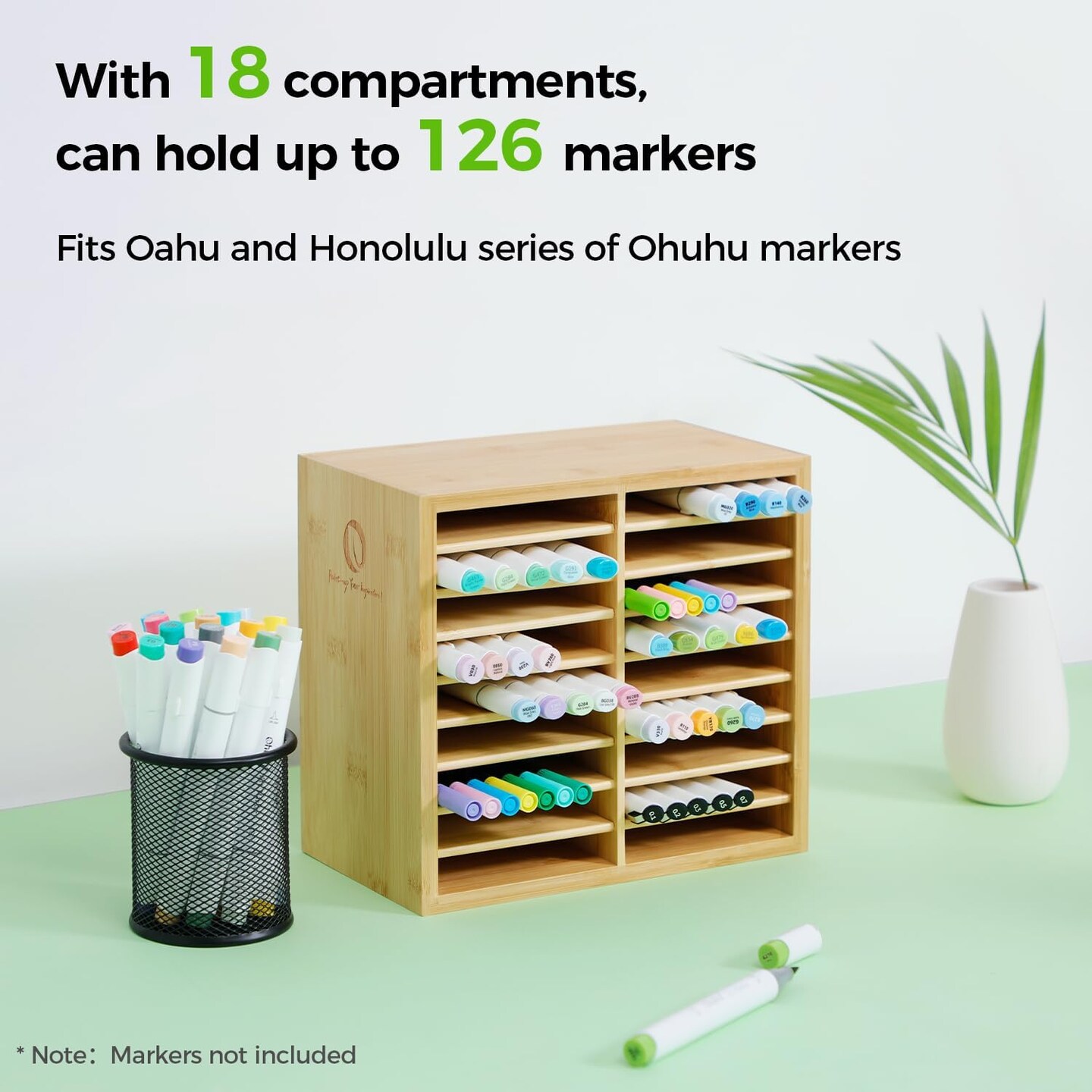 Ohuhu Bamboo Marker Organizer, Wooden Desktop Storage Hold 126/224 Markers, Markers Pens Pencils Art Brushes Stationary Organizer Pencil Holder with 18/32 Compartments for Home Classroom Office Decor