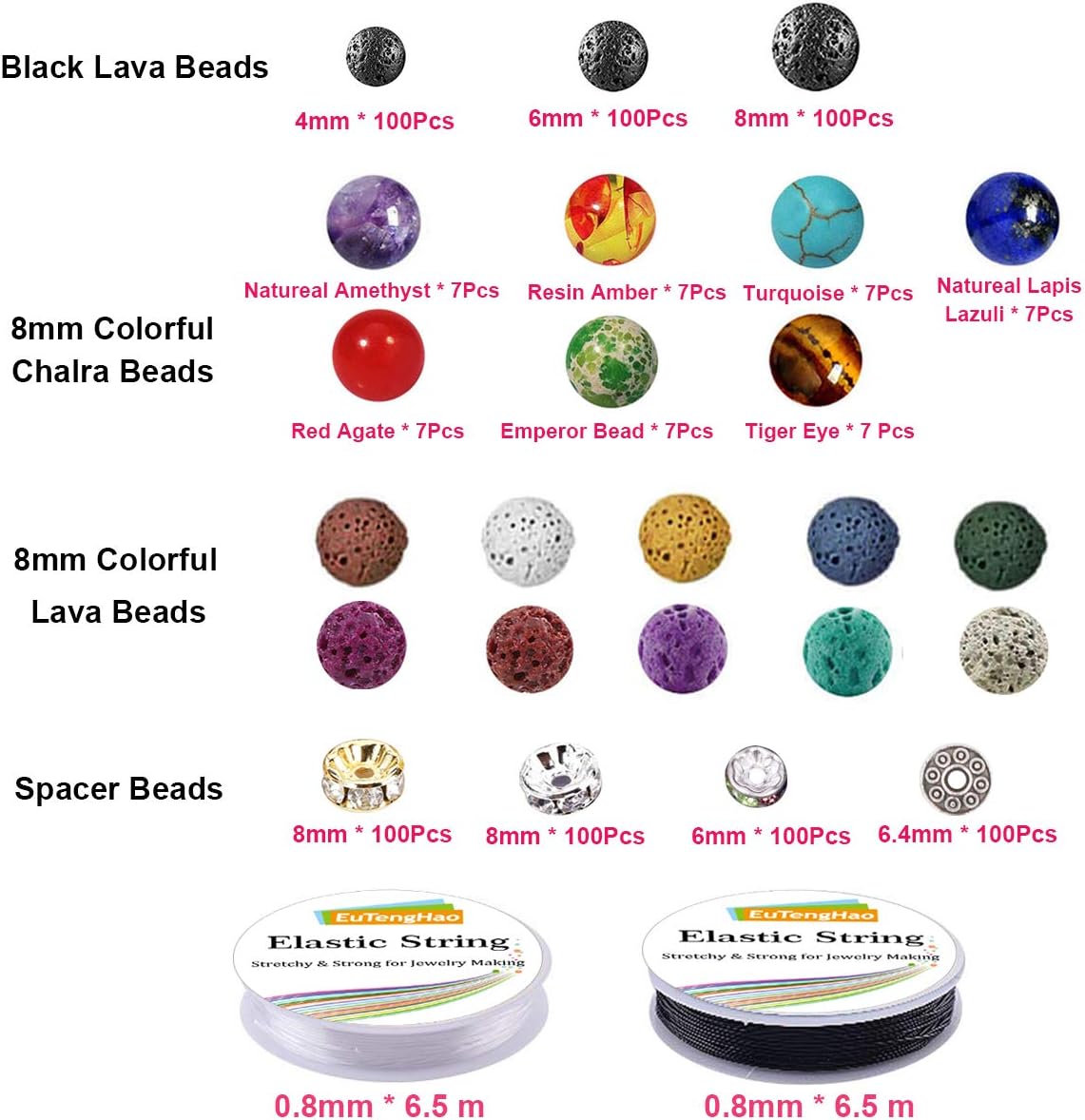602Pcs Lava Beads Stone Kits with 8mm Chakra Beads and Spacers Beads Bracelet Elastic String for Diffuse Essential Oils Adult DIY Jewelry Making Supplies