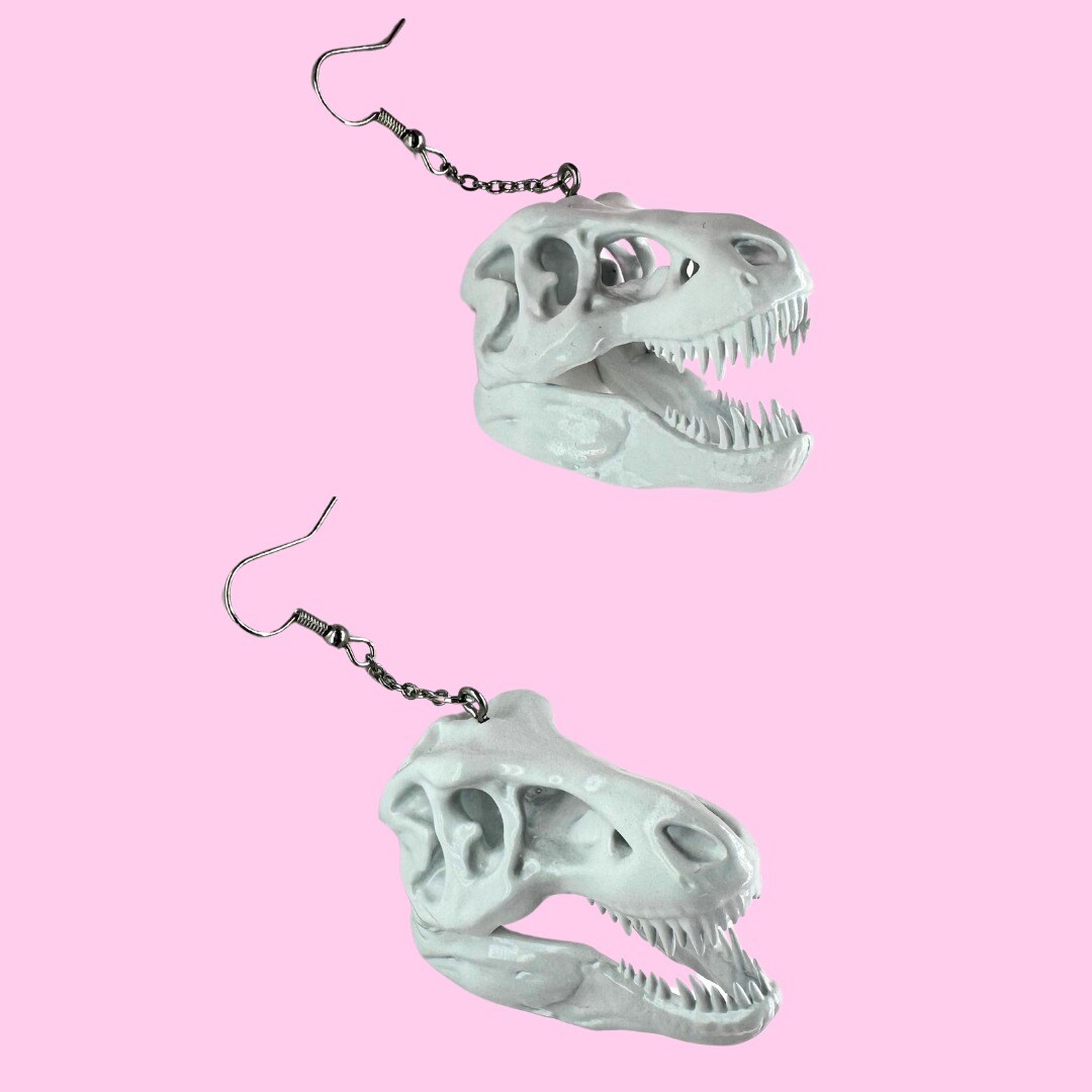 thumbnail image 2 of Retro Chic 3D Dinosaur Skeleton Earrings - Gold Or Silver Plated - T-Rex/Raptor 2 of 5