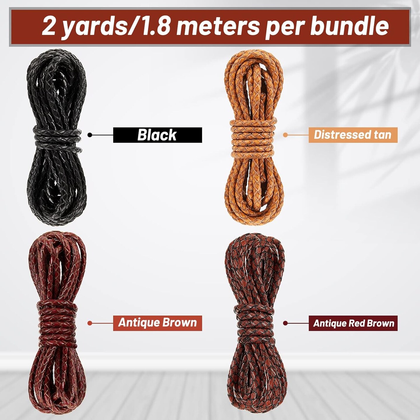 8yd Braided Leather Cord Antique Genuine Leather Strap Folded Bolo Tie Cord Rope Lace for Necklace Bracelet Pendent Jewelry Making Beading Braiding (Black, Brown,tan, Reddish Brown,4 mm)