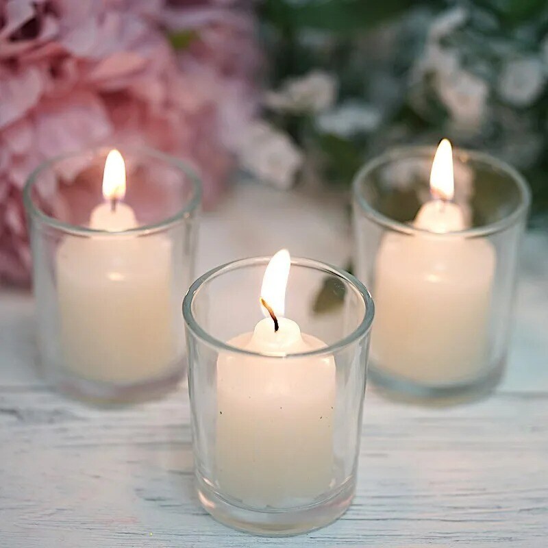 12 IVORY Round Votive Candles with Clear Glass Holders