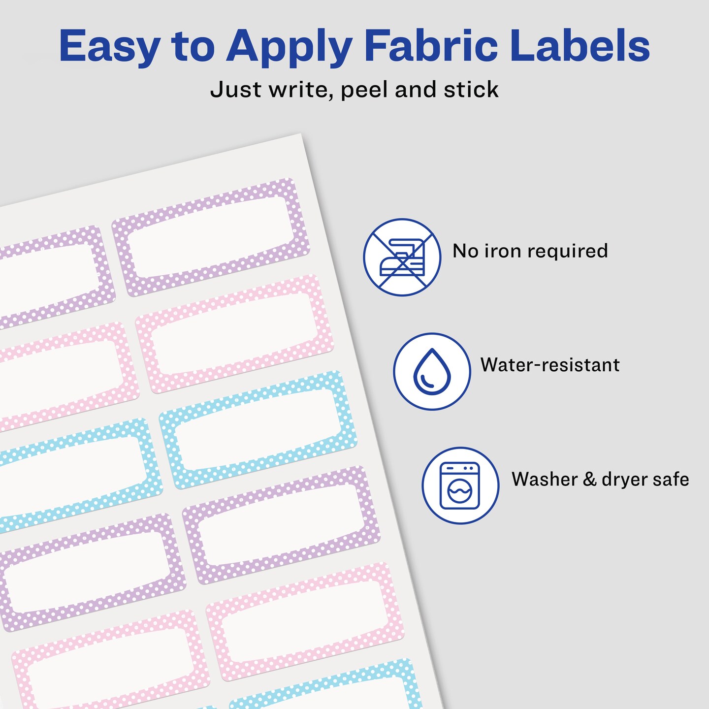 Avery No-Iron Fabric Name Labels, Soft Pastels Preprinted Designs, Handwrite-Only, 2-Pack, 48 Preprinted Labels (22282)