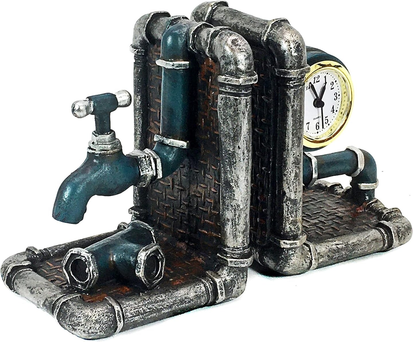 Industrial Tap Pipe Bookends, Decorative Book Ends for Bookshelves, Rustic and Vintage Decor for Home, Office Desk, and Bookcases Decoration, Handmade 8 Inch Polyresin, 2 Pcs