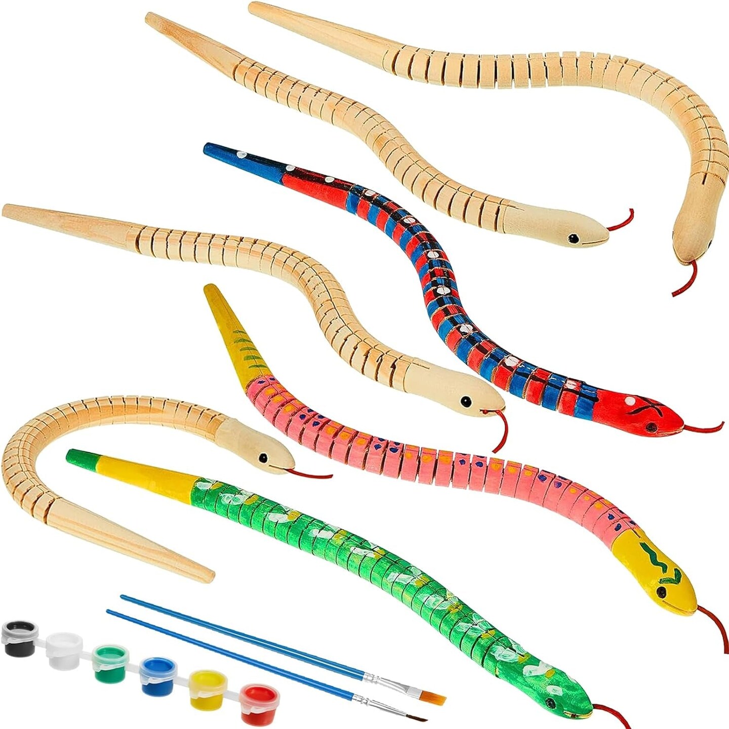 10 Pieces Wooden Snake Unfinished Wooden Wiggly Snake Jointed Flexible Wooden Snake with 12 Colors Acrylic Craft Paint and 2 Pieces Paint Brush for Arts and Crafts Halloween Party Decoration