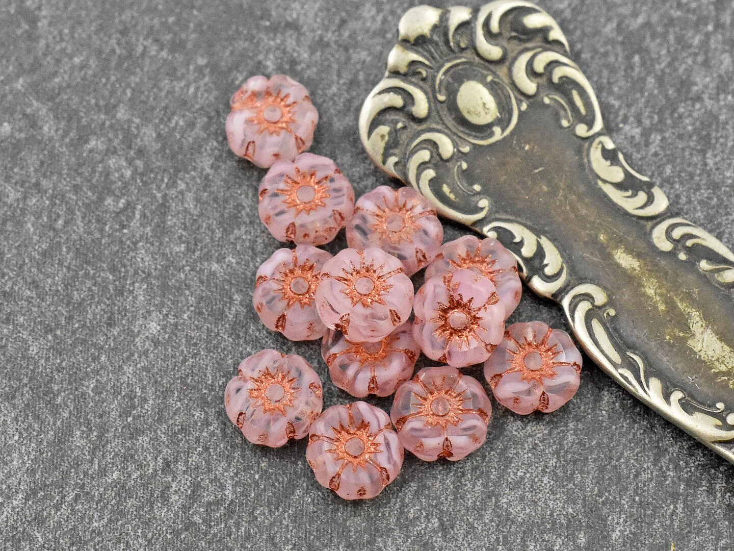 *12* 7mm Copper Washed Milky Pink Hawaiian Flower Beads