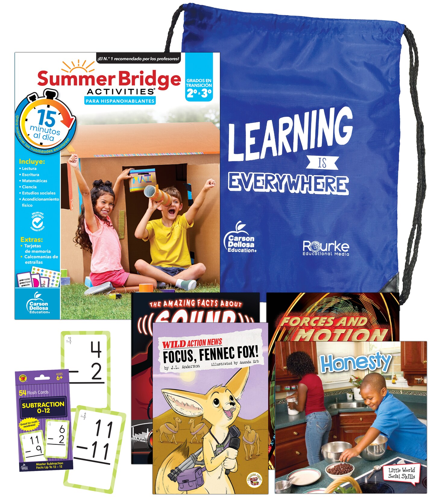 Summer Bridge Activities 2-3 Spanish Summer Learning Resources, Ages 7-8, Spanish Language 2nd Grade to 3rd Grade Workbook All Subjects, Subtraction Flash Cards, 4 Children's Books, Drawstring Bag