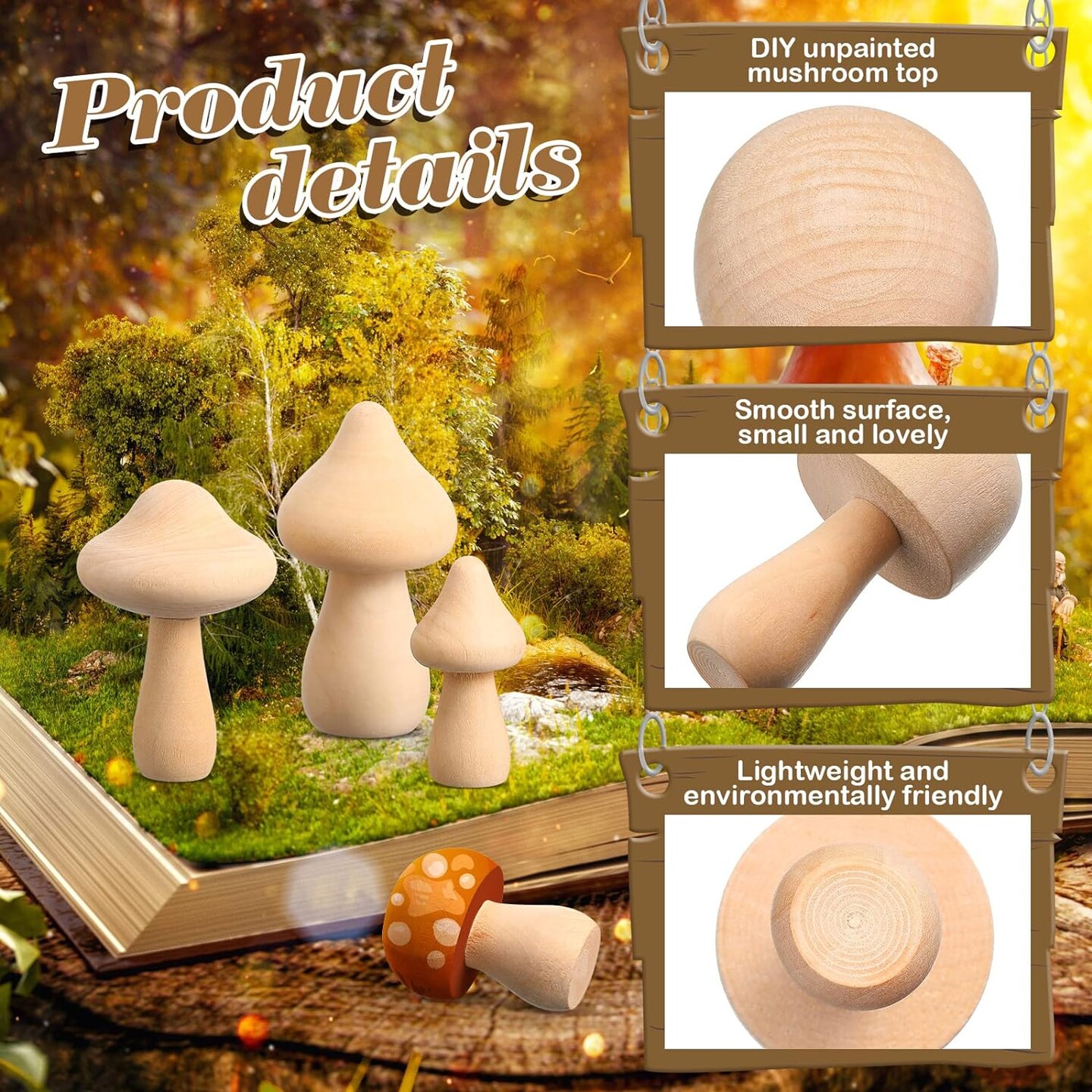 40 Pcs Unfinished Wooden Mushroom Natural Mini Wood Mushrooms Various Sizes Wood Mushroom Figures For Arts And Crafts, Diy Projects Ornaments Paint Color Home Desk Bookshelves Decoration