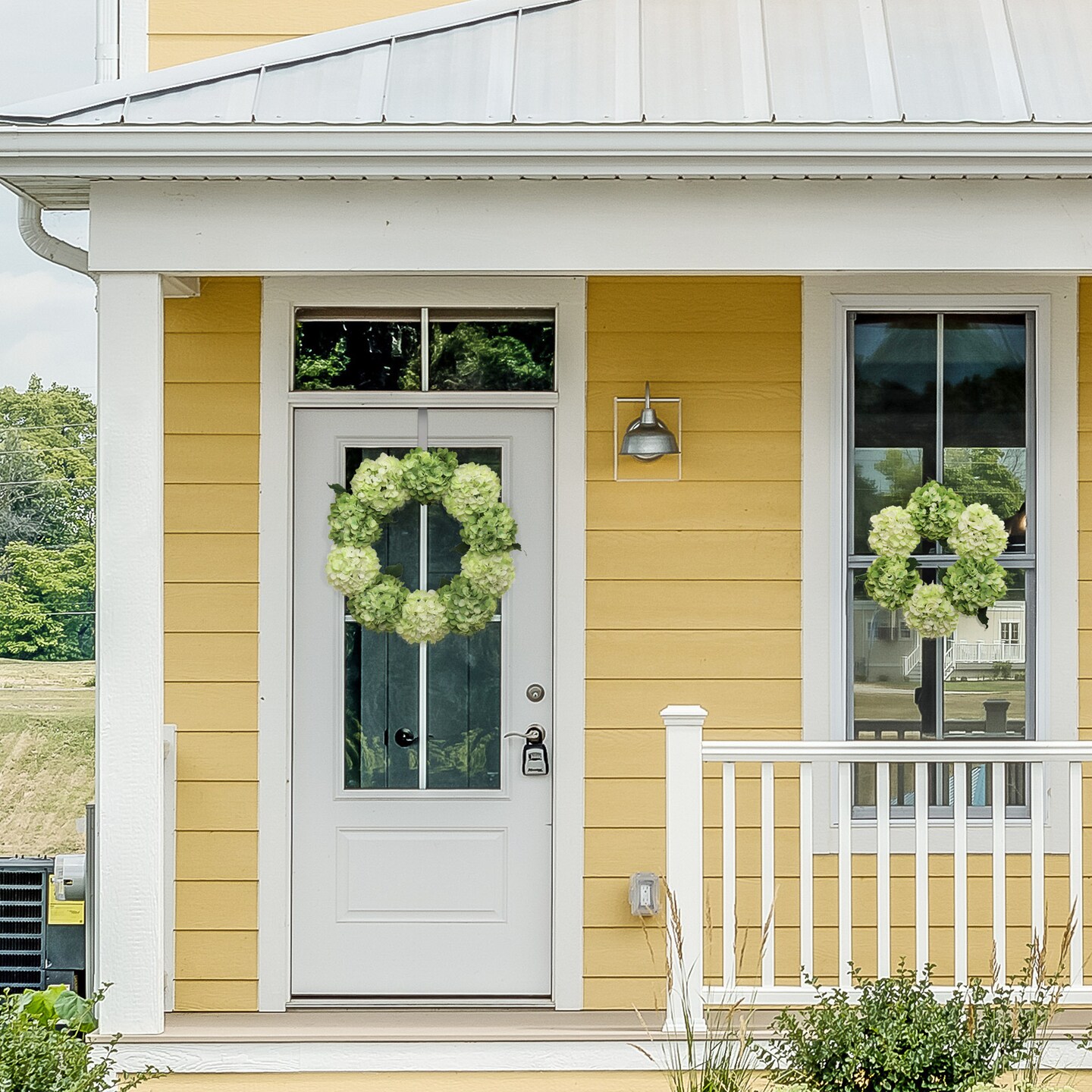 24" Verdant Mix Hydrangea Wreath - Realistic Silk Flowers & Grapevine Ring for Home & Event Decor by Floral Home®
