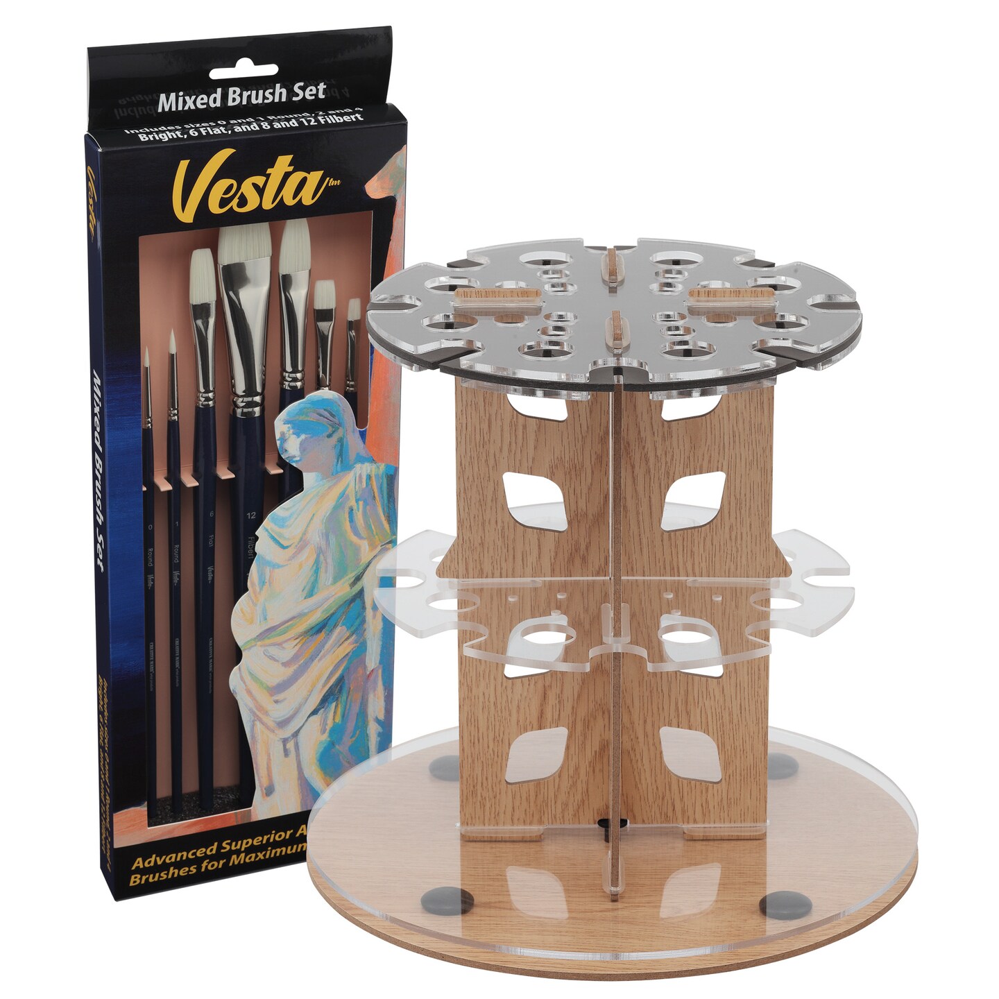 Mezzo Rotating Paint Brush Storage Rack w/ Vesta Synthetic Artist Paint Brushes for Acrylic Painting-  Acrylic Paint Brush Set of 7 Assorted Shapes- with Brush Drying Carousel- Holds Up to 28 Brushes
