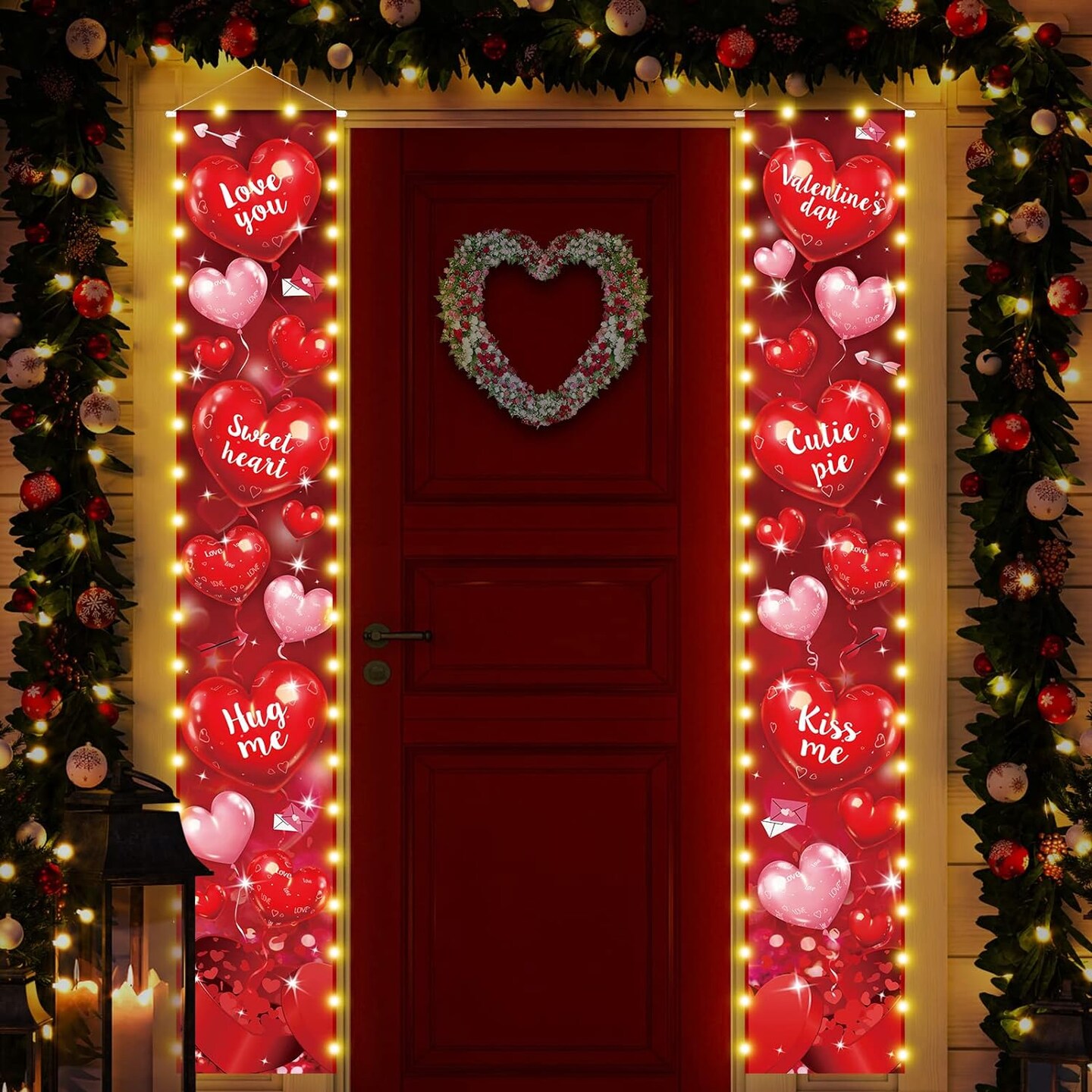 Valentines Day Lighted Porch Signs 71 x 12 Inch Valentines Door Banner Polyester Valentines Day Porch Decor for Home Indoor Outdoor Porch Door Wall Decoration (Red, Heart Balloon, with Lights)
