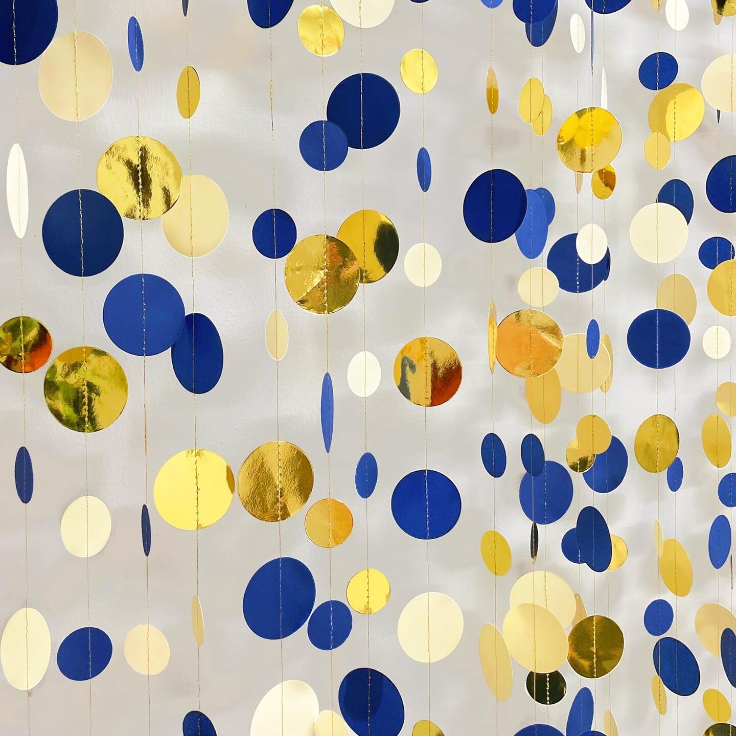 46 Ft Navy Blue and Gold Circle Dots Garland Royal Blue Hanging Paper Polka Dot Streamer for Birthday Wedding Bridal Baby Shower Graduations Nautical Ahoy Achor Pirate Theme Party Decorations Supplies