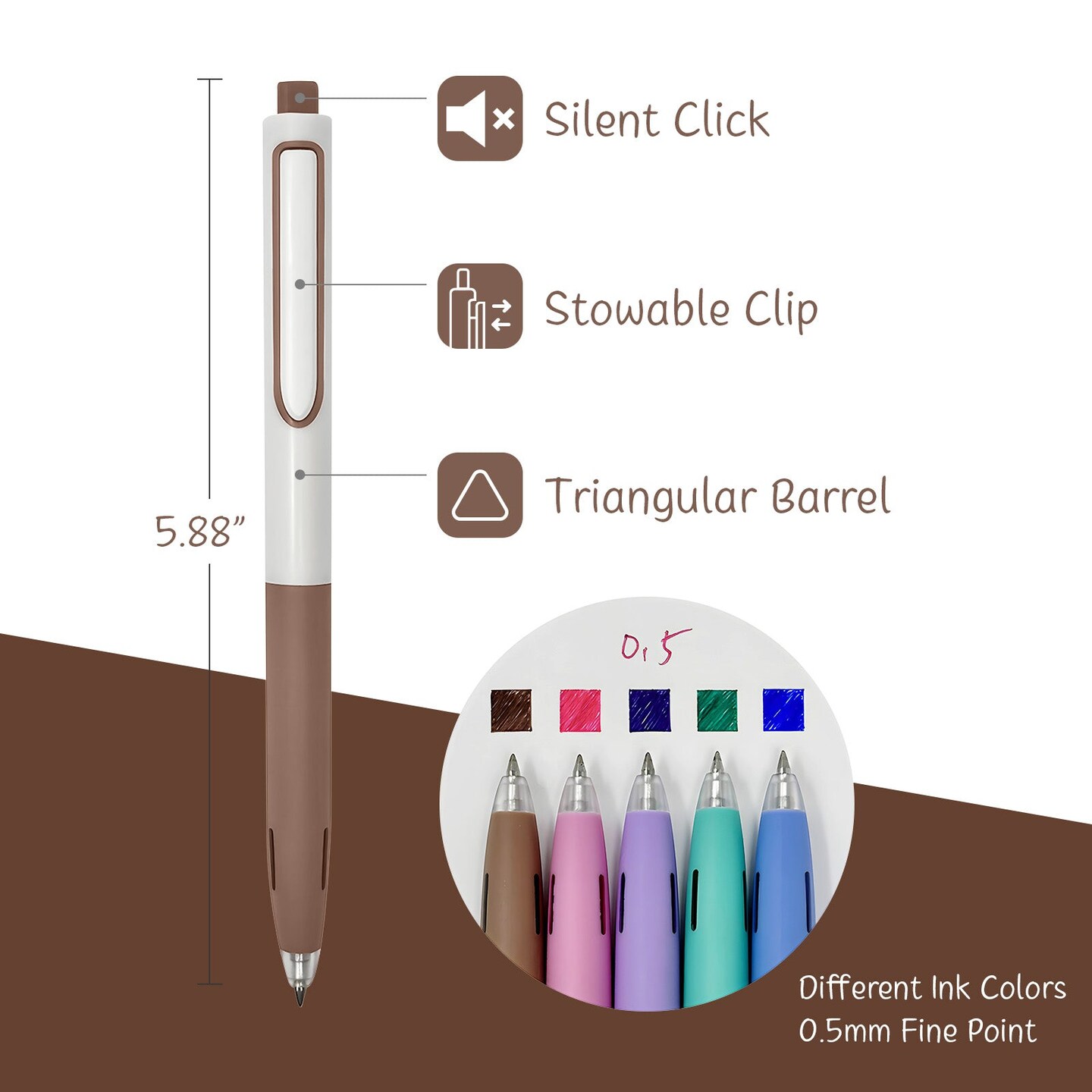 Wrapables Whisper Motion Silent Retractable Gel Pen Set (5 Pack), 0.5mm Fine Point, for Home, Office, Work, Colored Ink, Coastal Chic