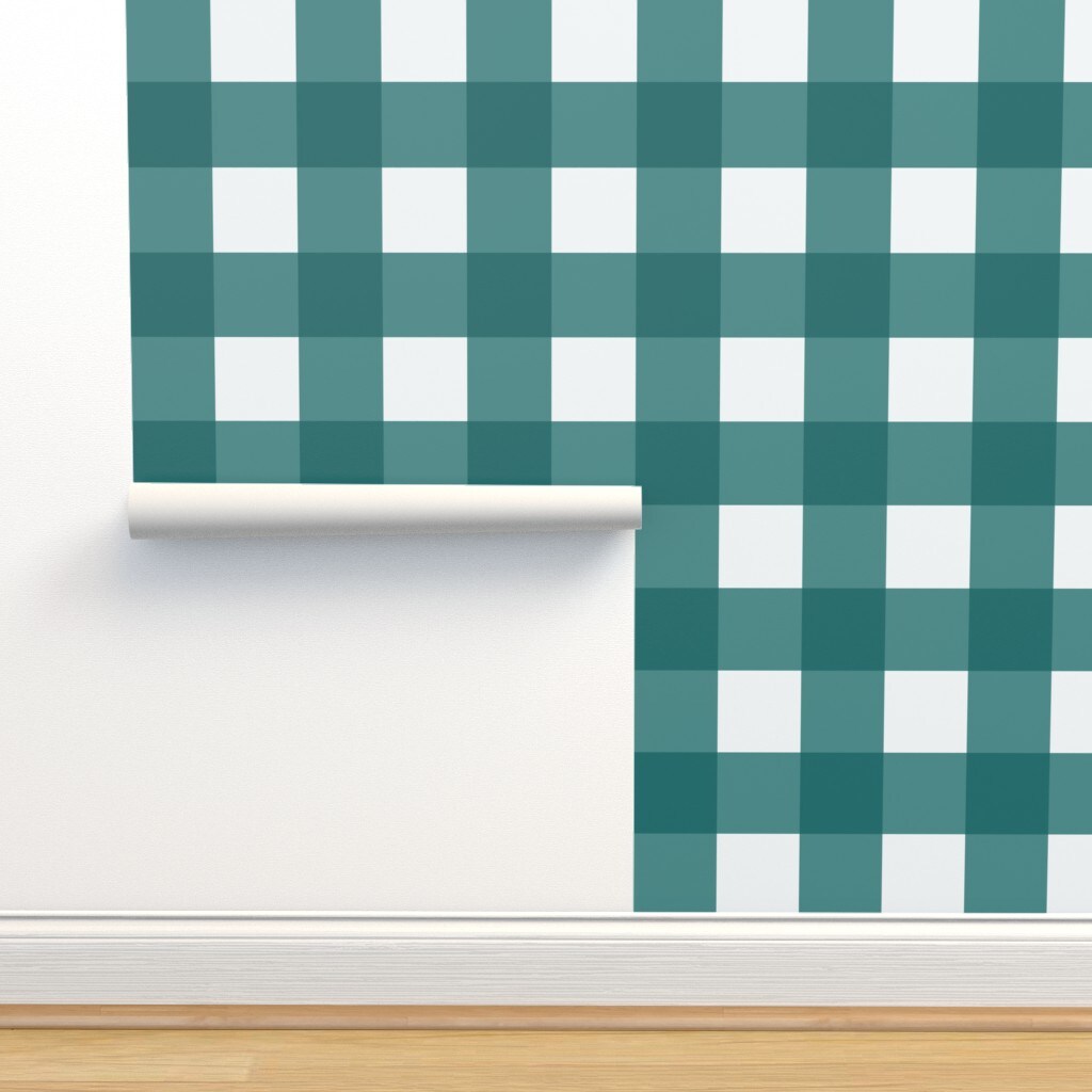 Teal Buffalo Check Large Scale Plaid Rustic Gingham Cabin Custom Removable Wallpaper by Spoonflower Peel & Stick Wallpaper 2FT Wide