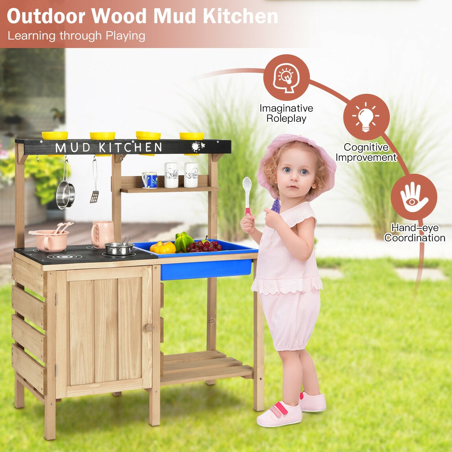 Natural Wooden Outdoor Kids Kitchen Playset with Pretend Kitchenware