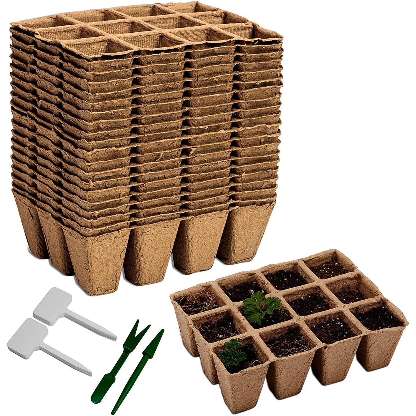 Peat Starter Pots with Plastic Plant Labels and Widger Dibbers (20 Pack)