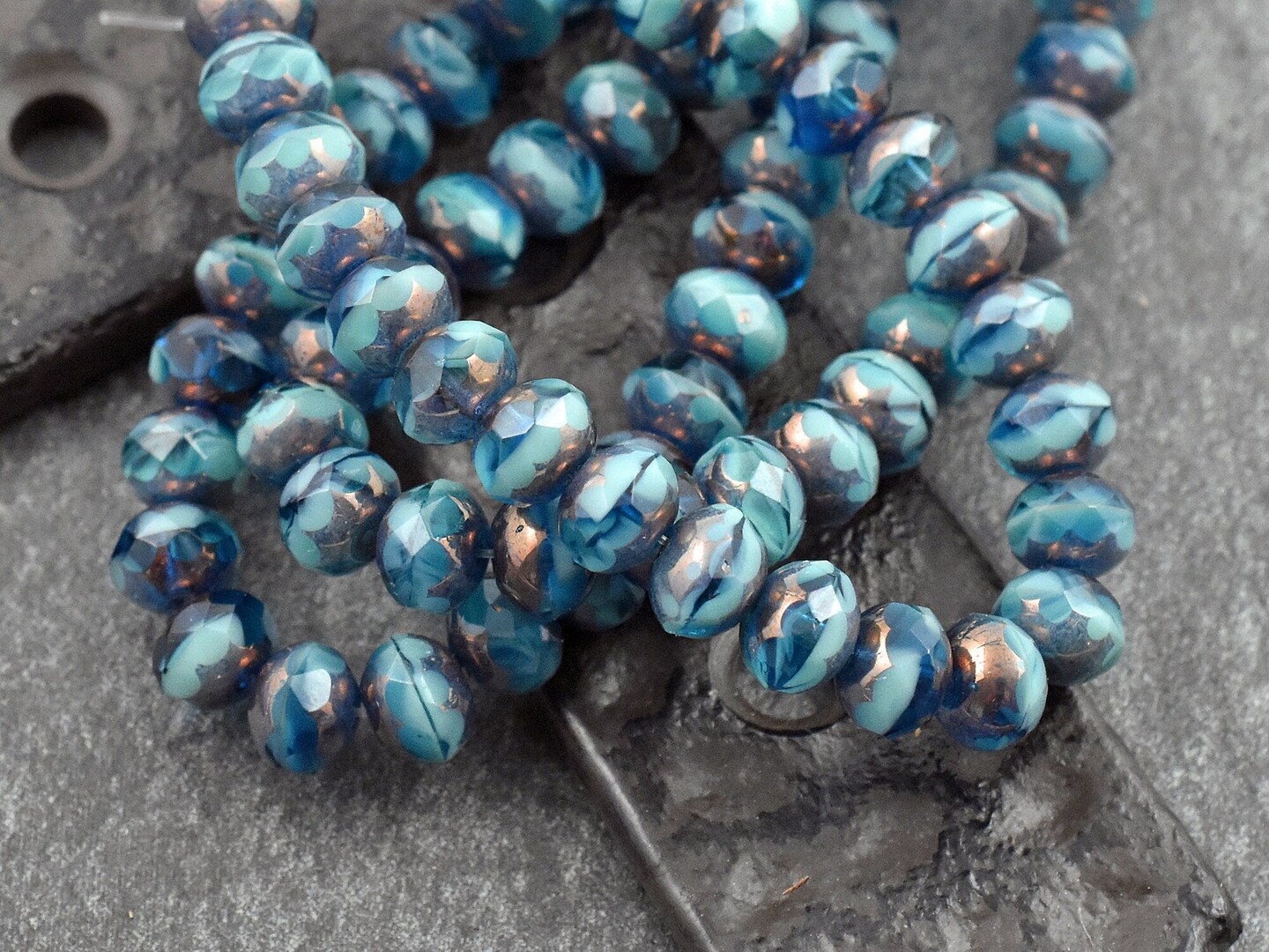 *25* 5x7mm Bronze Washed Blended Pacific Blue Turquoise Fire Polished Rondelle Beads