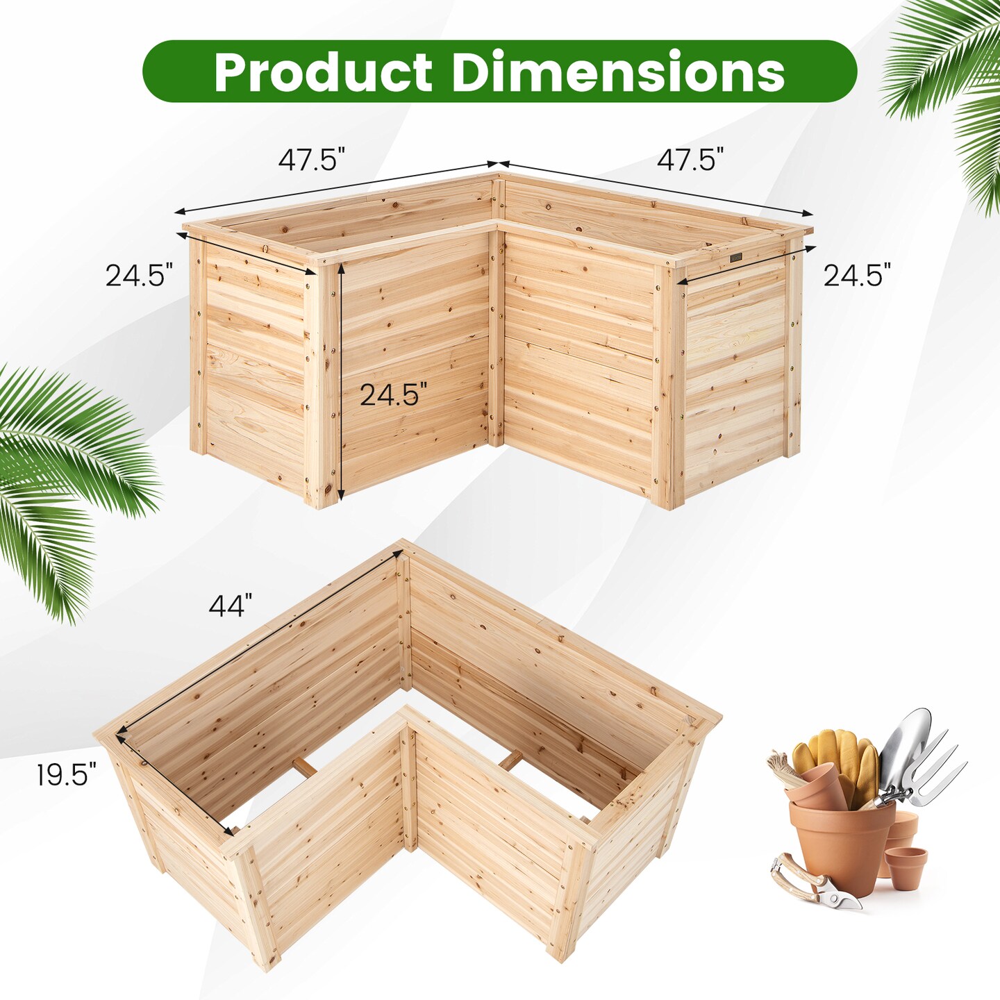24 Inch L-Shaped Wooden Raised Garden Bed with Open-Ended Base-Natural