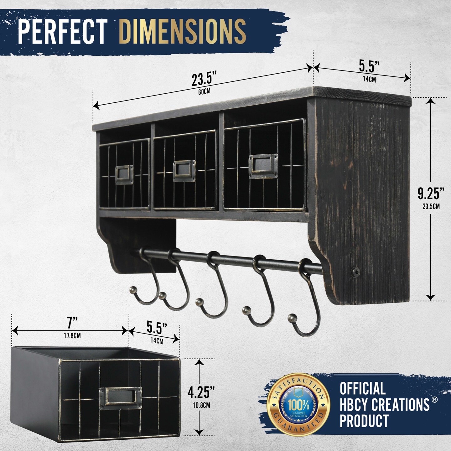 HBCY Creations Rustic Coat Rack Wall Mounted Shelf with Hooks & Baskets, Entryway Organizer Wall Shelf with 5 Coat Hooks and Cubbies