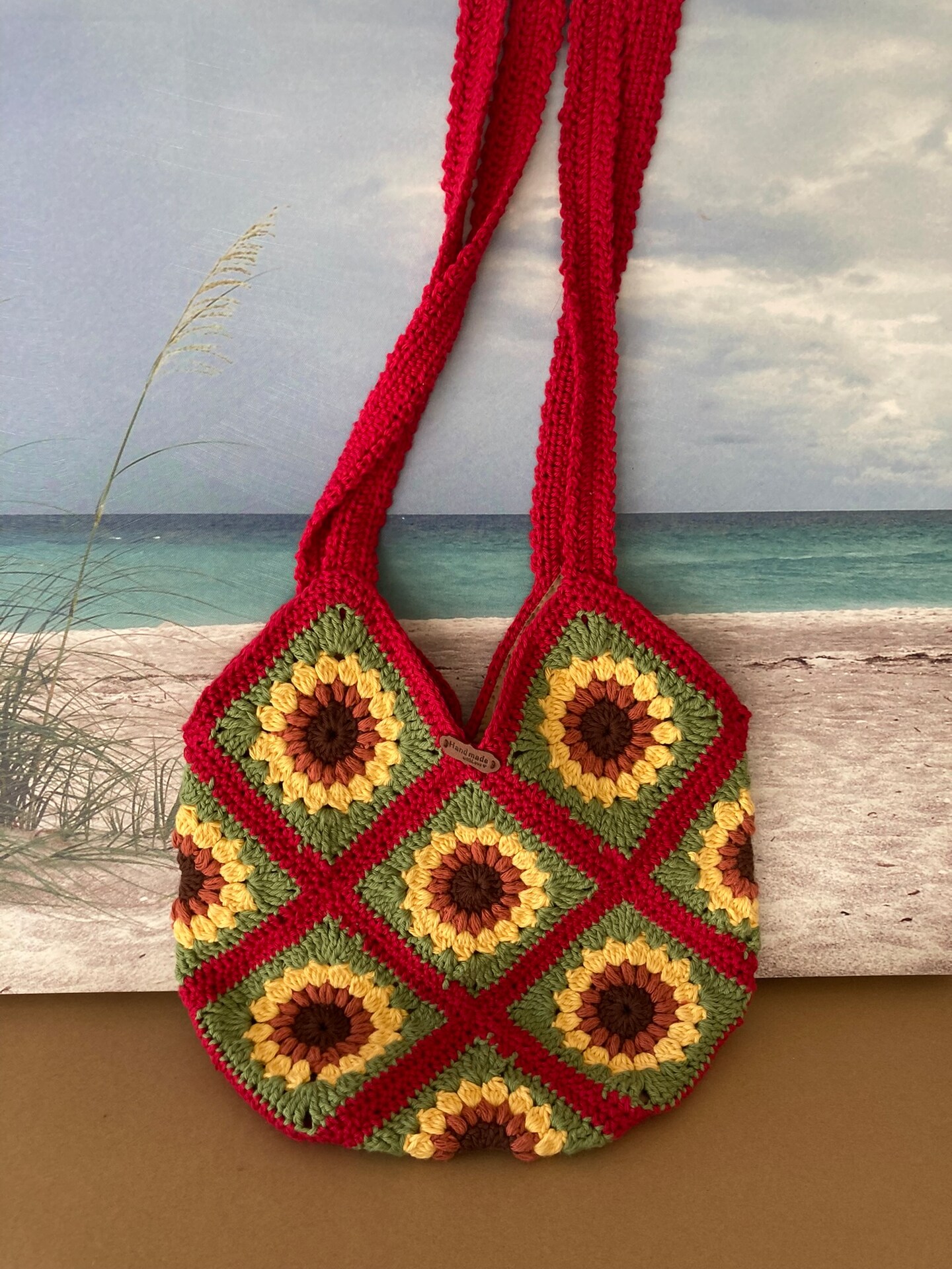 Crocheted Granny Square Sunflower Bag with Fabric Lining