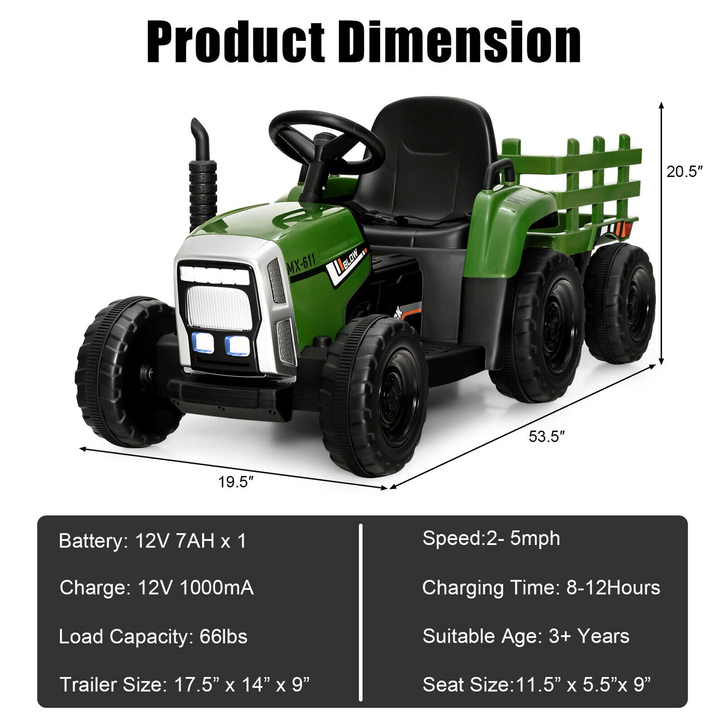 Iron Ride-On Tractor with Trailer, Music and Safety for Kids